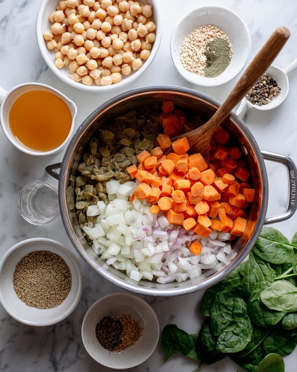 The image shows a stainless steel pot placed in the center on a white marbled surface. Inside the pot, there are two layers of diced vegetables: the bottom layer is made of small chopped onions in white and light purple shades, and the top layer consists of medium-sized, bright orange carrot pieces with different shapes including cubes and circles. A wooden spoon rests diagonally in the pot with its handle extending outwards. Around the pot, there are five white bowls placed on the surface: one bowl holds light beige chickpeas, a liquid in an orange shade fills a measuring cup, another bowl contains a mixture of brown, black, and white spices, a smaller bowl holds light beige hemp seeds, and a bunch of fresh green spinach leaves lies in the bottom left corner. Photo taken with an iphone --ar 4:5 --v 7