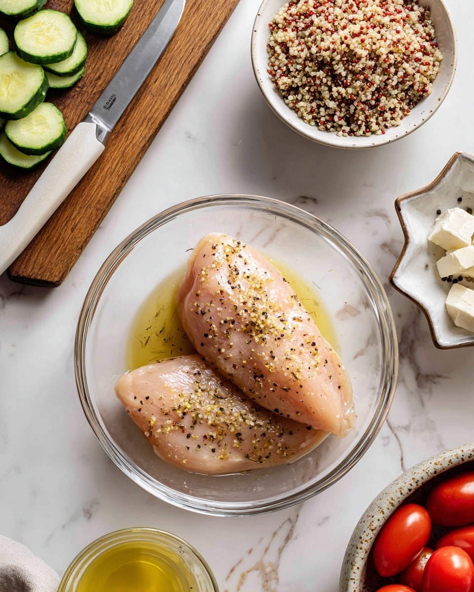 A clear glass bowl in the center holds two light pink raw chicken fillets with a shiny, slightly oily surface sprinkled with black pepper and seasoning; to the upper left, a wooden cutting board with sliced green cucumbers and a white-handled knife rests on a white marbled surface. Above the bowl, there is a small white bowl filled with cooked quinoa, showing a mix of beige and reddish grains. To the right, a small white bowl contains white cheese chunks, and beside it is a small flower-shaped dish with black and white cracked pepper. At the bottom right, a rustic white bowl is filled with bright red grape tomatoes, and in the bottom left corner, a glass cup holds light yellow broth. Photo taken with an iphone --ar 4:5 --v 7