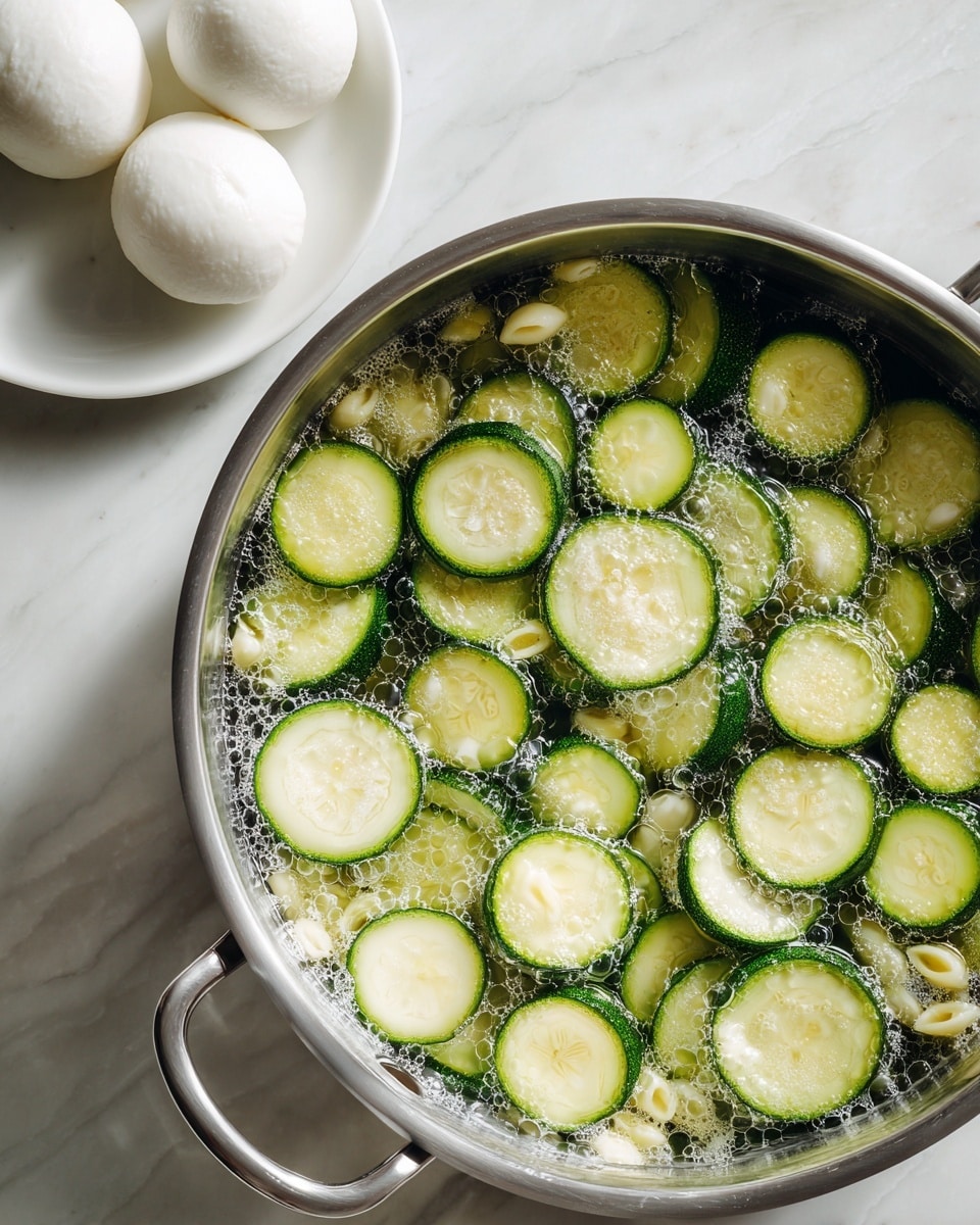 The image shows a clear food processor bowl filled with a bright green, smooth pesto sauce with a slightly textured surface, centered on a white marbled table. Surrounding the processor are several items: at the top, a white bowl with two large white mozzarella balls; to the left, a white bowl filled with sliced green zucchini; below the zucchini, several zucchini slices scattered on the table; on the right side, a white bowl full of yellow spiral-shaped pasta; and at the bottom right corner, a halved lemon with its juicy yellow inside facing up. The scene is well lit with natural light. Photo taken with an iphone --ar 4:5 --v 7