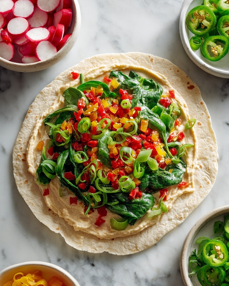 A close-up view of a tortilla laid flat on a white marbled surface, spread evenly with a thick layer of light brown refried beans, with some texture showing small chunks. A silver spoon rests on the tortilla, partially covered in beans, suggesting the beans are being spread. Surrounding the tortilla, there are white bowls holding various toppings: diced red and yellow peppers, sliced green jalapeños, sliced radishes, green onion pieces, grated white cheese, and diced red tomatoes. The scene is bright and clean, with a simple and fresh presentation, photo taken with an iphone --ar 4:5 --v 7