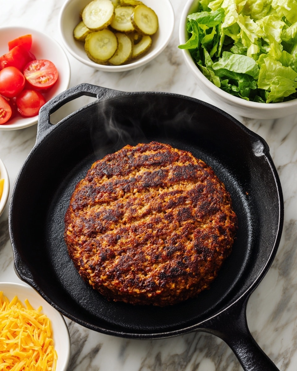 A large, flat cooked patty with a browned, textured surface sits in the center of a black cast iron skillet showing a wavy pattern from the meat. Around the skillet on a white marbled surface, there are four white bowls containing fresh green lettuce leaves, sliced pickles, sliced red cherry tomatoes, and shredded yellow cheese. The image gives a clear look at the browned layers of the cooked patty with some steam rising from it. Photo taken with an iphone --ar 4:5 --v 7