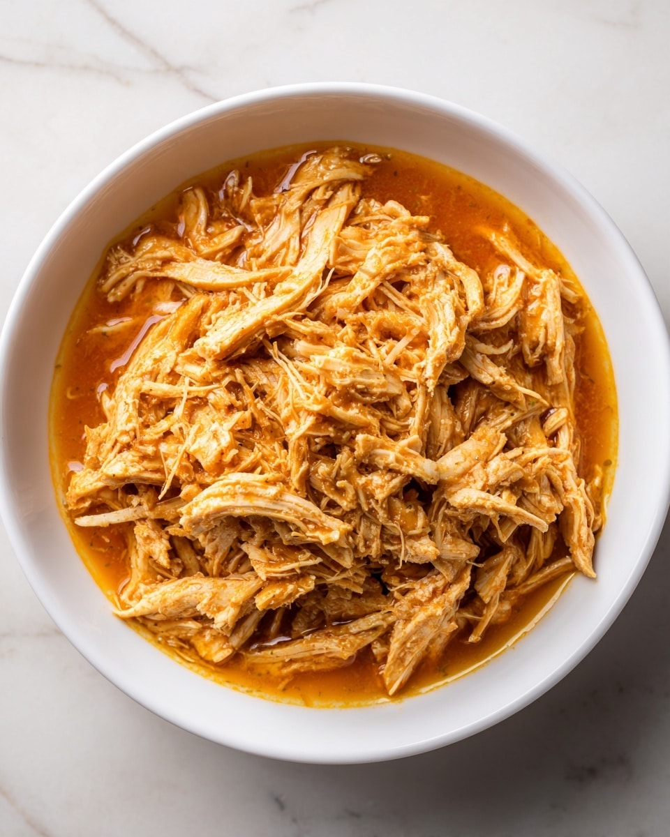 A white bowl sits on a white marbled surface, filled with shredded chicken mixed evenly with a smooth, bright orange sauce. The chicken pieces are thin and fibrous, coated completely in the glossy sauce that creates a uniform texture throughout the dish. The sauce clings to the edges of the bowl, adding a rich touch of color contrast against the white bowl and surface photo taken with an iphone --ar 4:5 --v 7