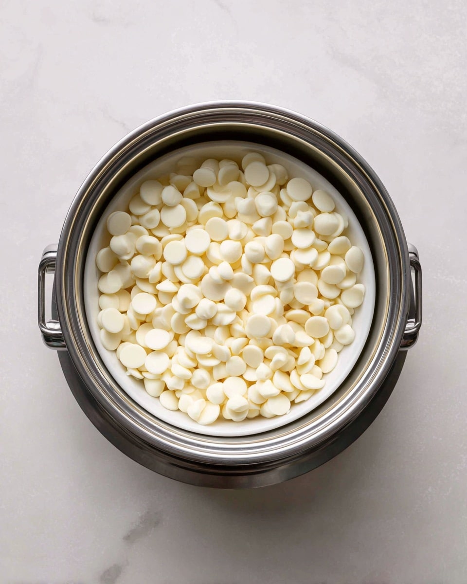 A close-up shot of a double boiler setup on a white marbled surface, showing a white bowl sitting on top of a shiny silver pot. The bowl is filled with small, round white chocolate chips, packed closely together and covering the entire inside of the bowl. The scene is simple with soft natural light, creating shadows and highlights on the smooth textures of both the chocolate chips and the cookware photo taken with an iphone --ar 4:5 --v 7