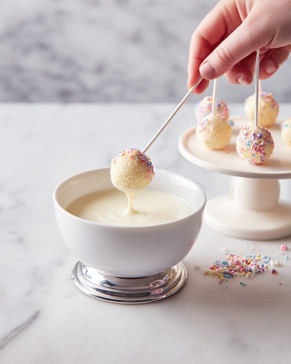 A woman’s hand holds a white stick attached to a small, round, light brown ball, dipping it into a smooth, creamy white liquid inside a white bowl. The bowl is placed on a shiny silver base and sits on a white marbled surface. To the right, there is a white circular stand holding similar balls on sticks, decorated with small colorful sprinkles scattered around. photo taken with an iphone --ar 4:5 --v 7