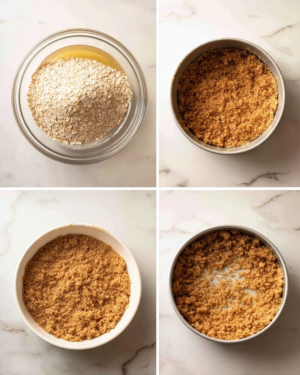 Four photos show the process of making a crumb crust. Photo one shows a clear glass bowl with three dry layers of light beige oats, brown sugar, and salt on top of a layer of melted golden butter. The bowl sits on a white marbled surface. Photo two shows a round white pan filled evenly with a thick layer of mixed crumb base, light brown with some small grain textures, sitting flat inside it. Photo three shows a white pan with the crumb base spread evenly inside, and a metallic measuring cup is pressing down to make the crust flat and firm. The white marbled surface is visible beneath the pan. Photo four shows the same white pan with the pressed crumb crust, now sitting in a metal pan filled with water, creating a water bath for baking. All images have bright, natural lighting. photo taken with an iphone --ar 4:5 --v 7