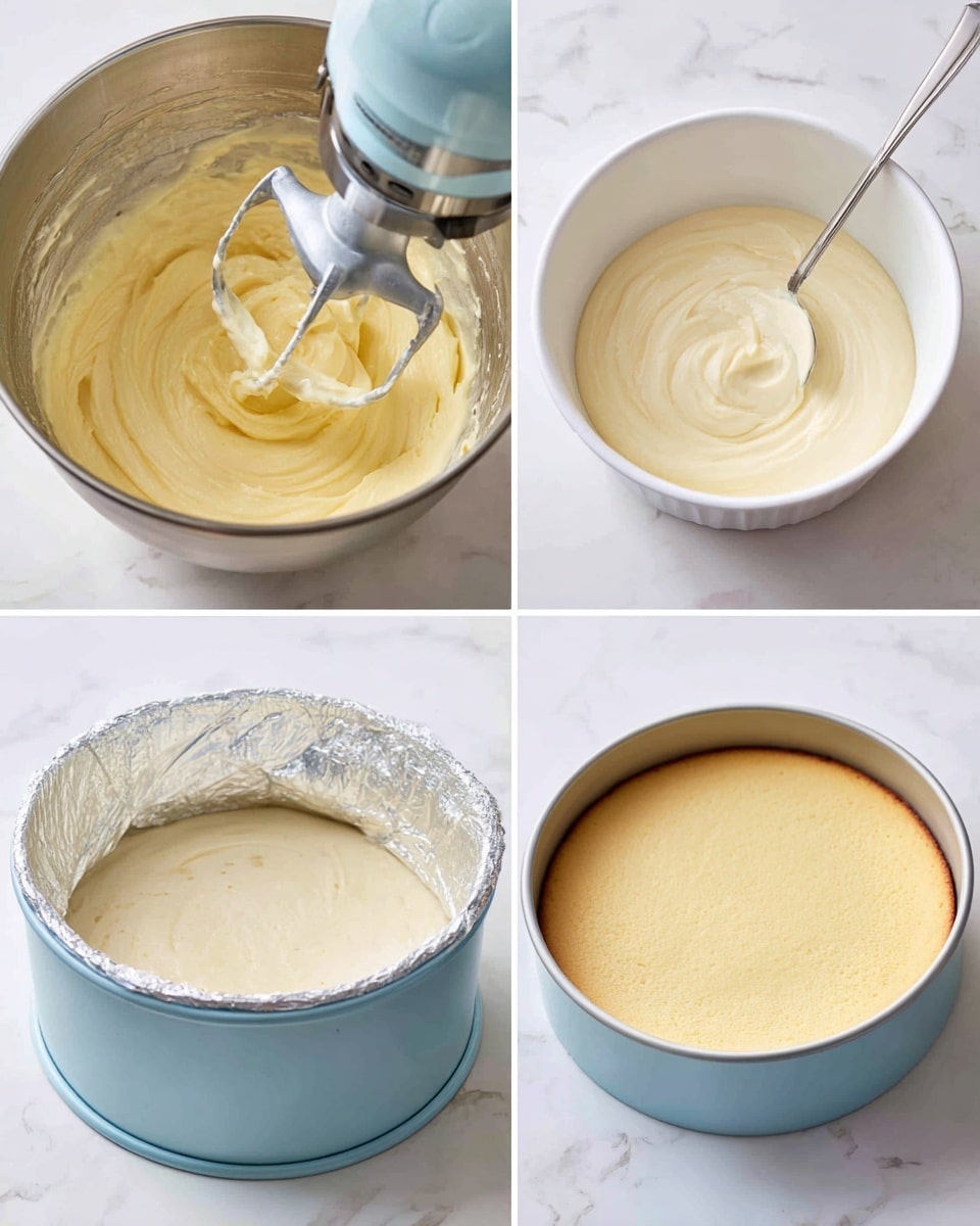 The image shows four steps of making a cheesecake. The first step has a close-up of a silver mixing bowl with light yellow creamy batter being mixed by a stand mixer paddle. The second step shows a white bowl with smooth, pale cream mixture and a silver spoon resting inside. The third step shows a round light blue cake pan lined with foil on the outside, filled with a pale batter pressed flat on top, sitting inside a metal baking tray. The fourth step shows the same round light blue cake pan with a smooth, light yellow baked cheesecake sitting on a white marbled surface. Photo taken with an iphone --ar 4:5 --v 7