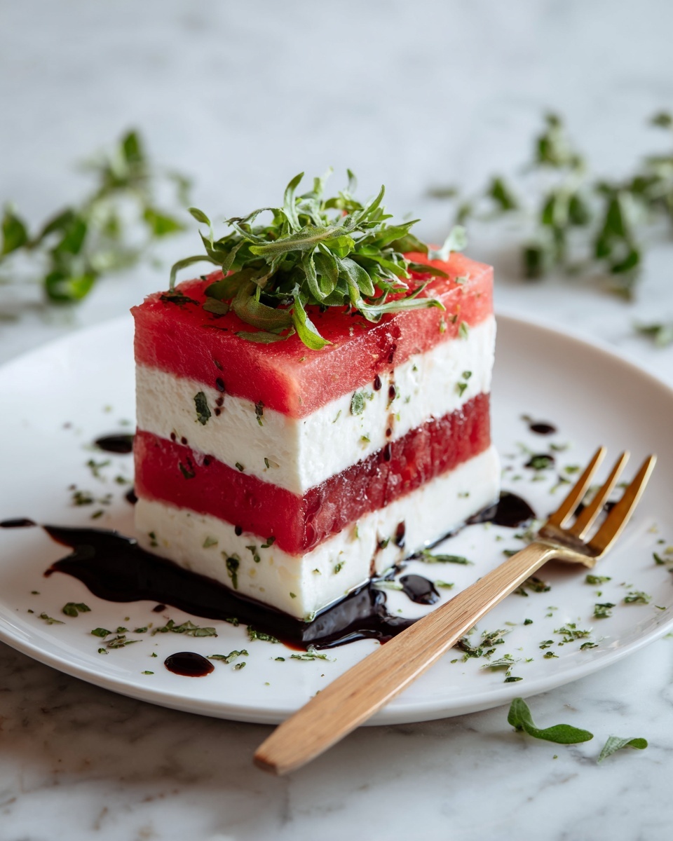 A white plate holds a neat stack with three layers: a bottom layer of deep red watermelon slice, a middle layer of thick white cheese, and a top layer of another watermelon slice. On top, there is a small pile of fresh green leafy herbs, slightly wilted. Around the plate, there are scattered green herbs and drops of dark balsamic glaze that shine. A wooden fork rests on the right side of the plate with some green herbs near its tips. The background is a white marbled surface. photo taken with an iphone --ar 4:5 --v 7
