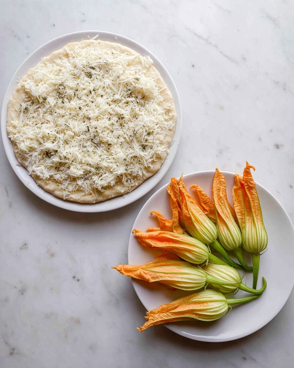 The image shows two dishes side by side on a white marbled surface. On the left, there is a round pizza dough with a thick edge crust, covered with a layer of shredded white cheese and sprinkled with dried herbs, all spread evenly over the top. On the right, a white plate holds six stuffed squash blossoms, with bright orange petals and pale green stems, arranged loosely on the plate. The blossoms look fresh and slightly wrinkled in texture. Photo taken with an iphone --ar 4:5 --v 7