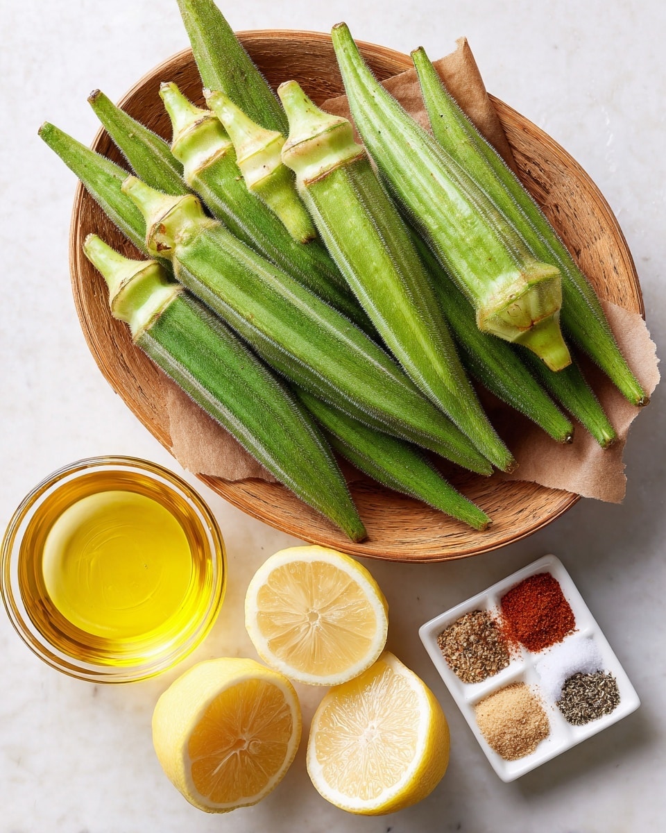 A light wooden basket holds several fresh okras, which are bright green with smooth, ridged textures and pointed ends, positioned at the top left on a white marbled surface. Below it, to the bottom center, are two lemon halves, pale yellow with slightly shiny, juicy interiors. To the bottom left of the basket, a small clear glass bowl contains golden yellow olive oil with a smooth surface. To the right center, a small white square dish holds four separate piles of spices: white salt, rusty red paprika, black cracked pepper, and beige garlic powder, each with a fine texture and evenly placed within the dish. The overall composition highlights natural colors and fresh ingredients on a clean background. photo taken with an iphone --ar 4:5 --v 7