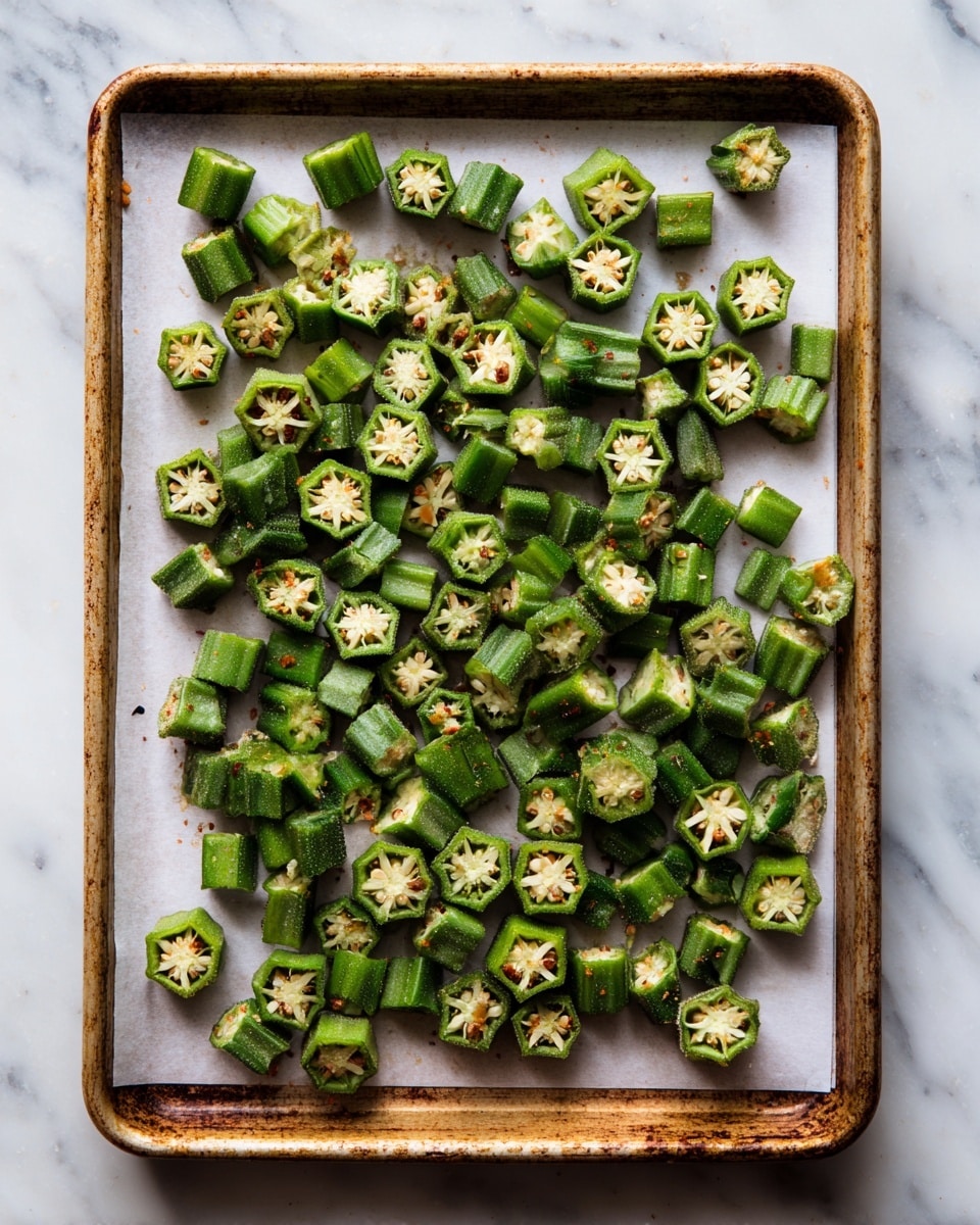 The image shows a baking tray lined with white parchment paper placed on a white marbled surface. On the tray, there are many small pieces of green okra, cut into short segments, scattered evenly in a single layer. Each okra piece reveals a star-like cross-section with seeds visible inside, and the green color varies slightly with some pieces having a light brown toasted look. The baking tray has a golden-brown, slightly worn texture around the edges. photo taken with an iphone --ar 4:5 --v 7