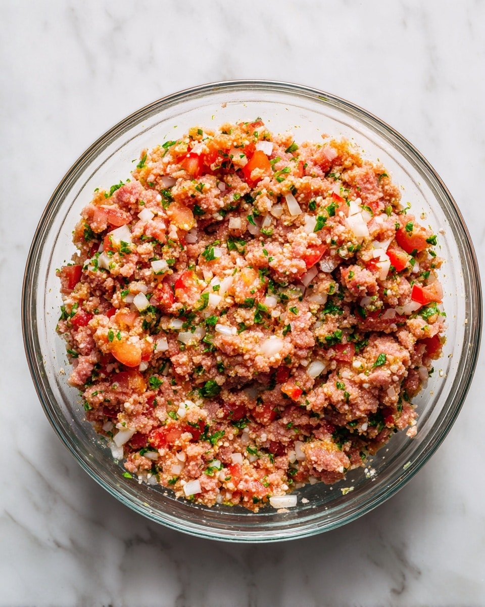 A clear glass bowl is filled with a mixture consisting of three main layers: the base is a pinkish layer of ground meat, mixed throughout with white grains of uncooked rice, small light beige cubes of chopped onion, and bright red tomato pieces, all speckled with green bits of fresh herbs. The mixture looks soft and slightly moist with varying textures, from the smooth meat to the firm vegetable pieces. The bowl sits on a white marbled surface. photo taken with an iphone --ar 4:5 --v 7