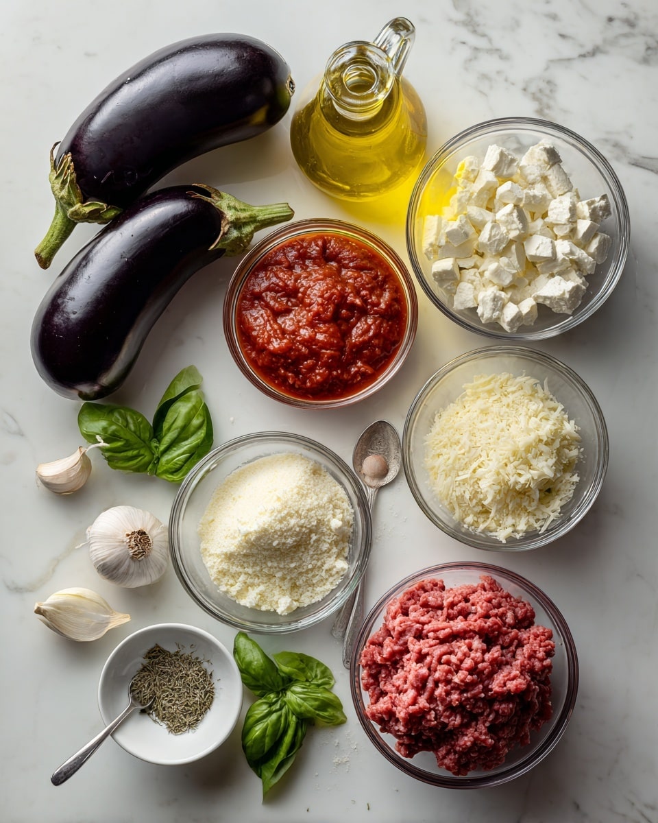 The image shows many ingredients placed on a white marbled surface, including two whole dark purple eggplants, a large bottle of yellow corn oil, and five clear glass bowls with different contents: one with small white curd, one with red tomato sauce, one with grated white cheese, one with small white granite-like pieces, and one with raw ground meat in red color. There is also a small white container with white salt and a spoon inside it, a few fresh green basil leaves, two whole garlic cloves, and a small glass bowl with dried green herbs. All items are neatly arranged, suggesting preparation for cooking photo taken with an iphone --ar 4:5 --v 7