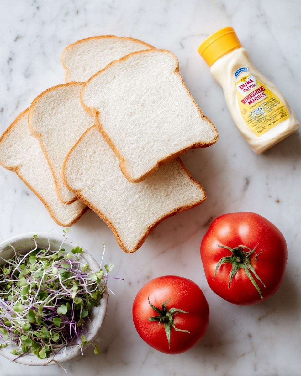 Four slices of white bread are stacked overlapping each other on the left side on a white marbled surface. To the right of the bread, there is a small bottle of Duke's Real Mayonnaise with a yellow cap laying on its side. Below the mayo, two red tomatoes with some green stems are placed side by side. At the bottom left, there is a small white bowl filled with green and purple microgreens. The colors are fresh, and the setting is bright and clean, with all elements clearly visible. photo taken with an iphone --ar 4:5 --v 7