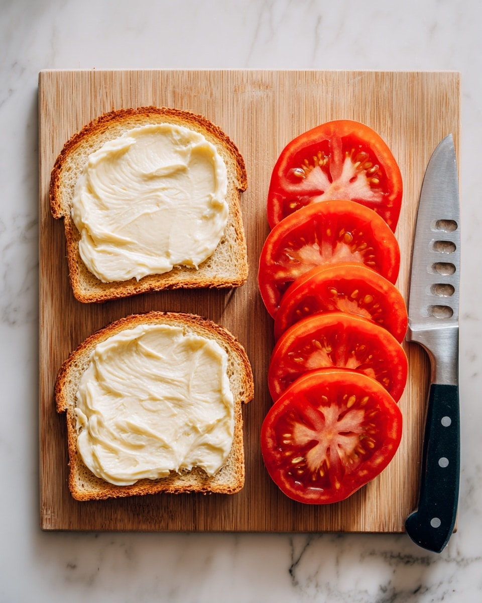 The image shows a wooden cutting board placed on a white marbled surface. On the left side of the board, there are two slices of toasted bread, each spread with a layer of mayonnaise that has a smooth, creamy texture and pale yellow color. On the right side of the board, there are four thick slices of bright red, juicy tomatoes arranged in a neat group. Next to the tomatoes, on the far right edge of the board, lies a kitchen knife with a black handle and a metal blade that has holes near the top. photo taken with an iphone --ar 4:5 --v 7