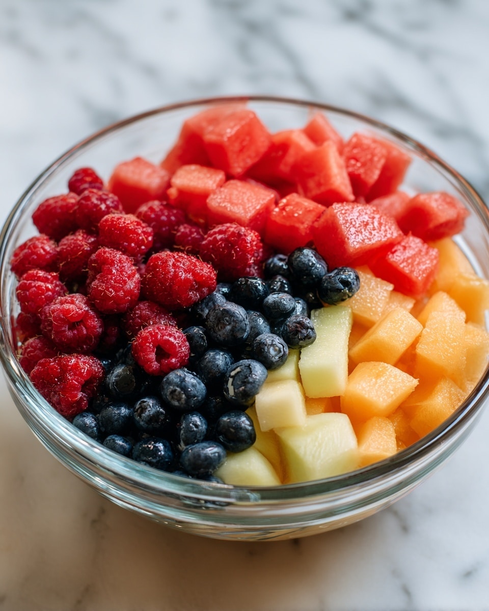 The image shows a clear glass bowl filled with a colorful mix of fresh fruit pieces arranged in layers. The bottom left section contains small, bright red raspberries and dark blue blueberries, with additional raspberries scattered on top. The top left section of the bowl holds chunks of red watermelon. The top right section reveals a mix of light yellow, orange, and pale green melon pieces, adding a varied texture and color contrast. The bowl is placed on a white marbled surface. Photo taken with an iphone --ar 4:5 --v 7