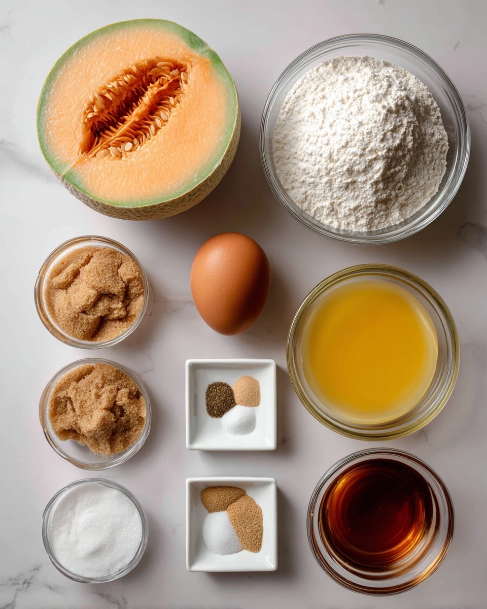 A white marbled surface holds nine ingredients used in baking, arranged neatly in a loose grid. The top left shows a half of a cantaloupe melon with orange flesh and a deep orange hollow center, its outer green rind intact. To the right is a round, clear glass bowl filled with white flour, showing soft powder texture. Below the cantaloupe, a smaller round clear glass bowl holds brown sugar, clumped softly together. In the middle sits a single whole brown egg. Next to the egg on the right is a round clear glass bowl filled with bright yellow melted butter, smooth and glossy. Below the brown sugar is a small white square dish containing four spices in separate piles: light brown, darker brown, white granules, and beige powder. A little below and right of the dish sits a tiny clear glass bowl filled with white powder. On the bottom right, a small clear glass bowl with dark amber liquid, likely vanilla, completes the set. photo taken with an iphone --ar 4:5 --v 7