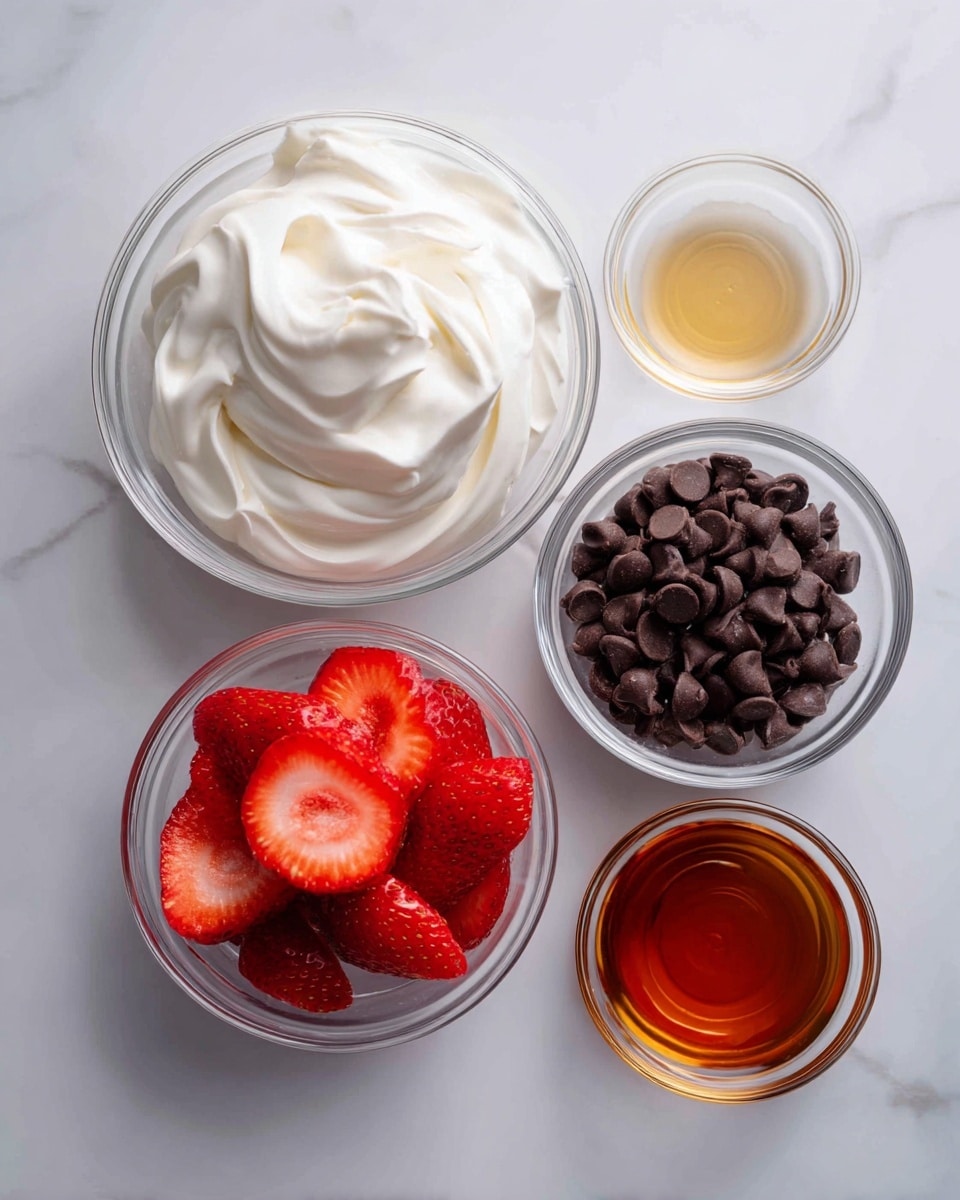 Four small clear glass bowls sit on a white marbled surface. The largest bowl at the top left holds thick white creamy yogurt with soft swirls. Below it to the left, a bowl is filled with bright red strawberry slices that show fresh juicy texture and seeds. To the right of the strawberries, a medium bowl contains dark brown chocolate chips, smooth with a slight shine. Above the chocolate chips, a small bowl holds golden honey that is glossy and semi-transparent. At the bottom right corner, a small bowl contains amber-colored vanilla extract. The layout is simple, clean, and fresh, photo taken with an iphone --ar 4:5 --v 7