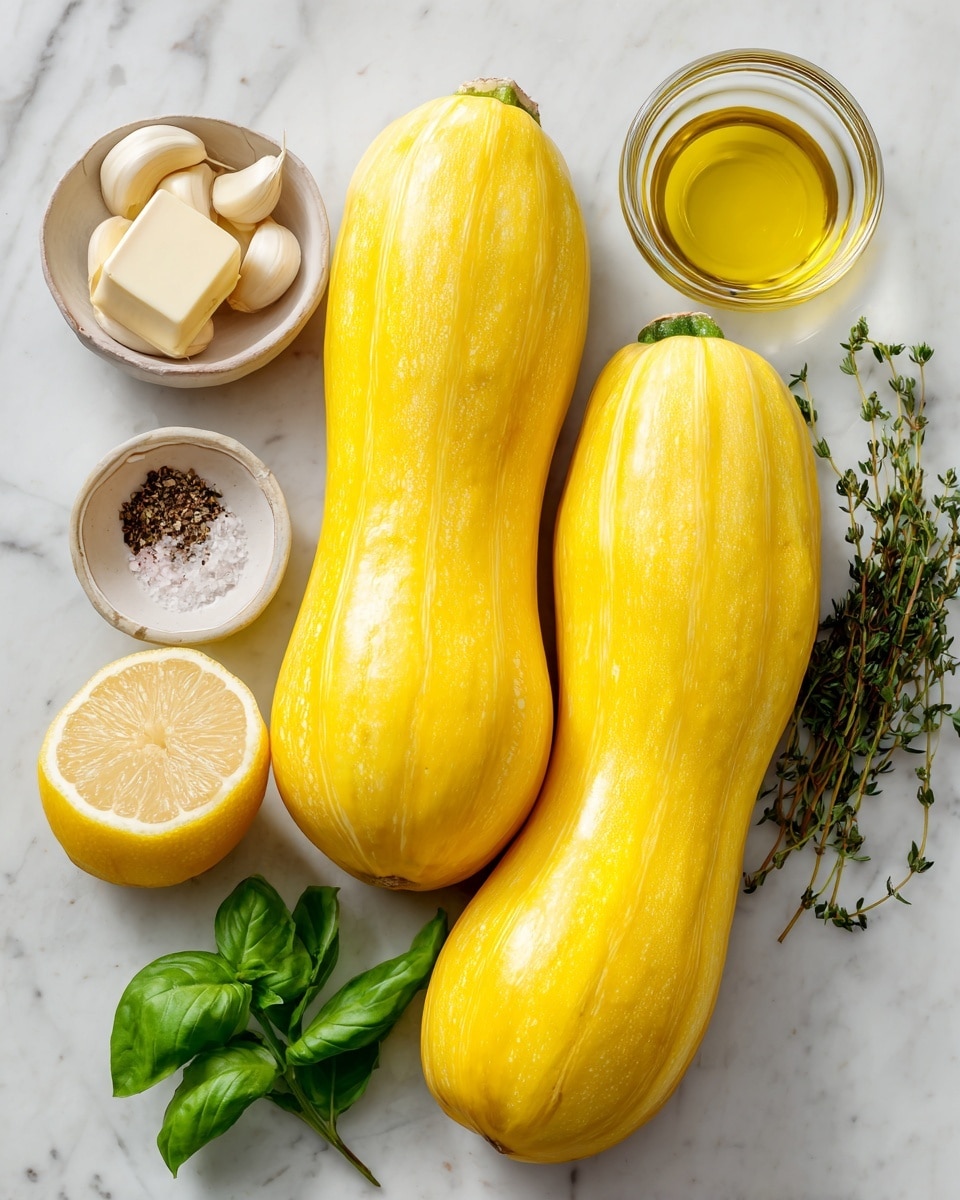 Three whole bright yellow squashes lie side by side on a white marbled surface; nearby are a small square of pale butter in a clear glass bowl, three peeled garlic cloves, a small glass bowl with golden olive oil, and another bowl holding salt and pepper. Fresh green basil leaves rest in a loose bunch next to half of a bright yellow lemon showing its interior, and sprigs of fresh green thyme are placed nearby. The arrangement is neat and the light highlights the smooth and shiny textures of the squashes and ingredients. photo taken with an iphone --ar 4:5 --v 7
