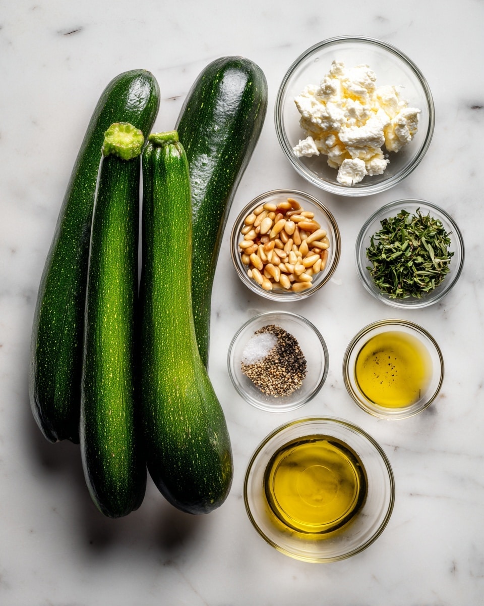 The image shows three whole zucchinis with shiny, dark green skins lying on a white marbled surface, arranged diagonally from the bottom left to the center. To the right, there are six small clear glass bowls each holding different ingredients: crumbled white cheese at the top, fresh green herbs below it, toasted light brown pine nuts next, a golden yellow liquid that looks like oil, a smaller amount of a light yellow paste or sauce, and a mix of black pepper and white salt at the bottom. The clean, bright setting highlights the fresh and natural look of the ingredients. Photo taken with an iphone --ar 4:5 --v 7