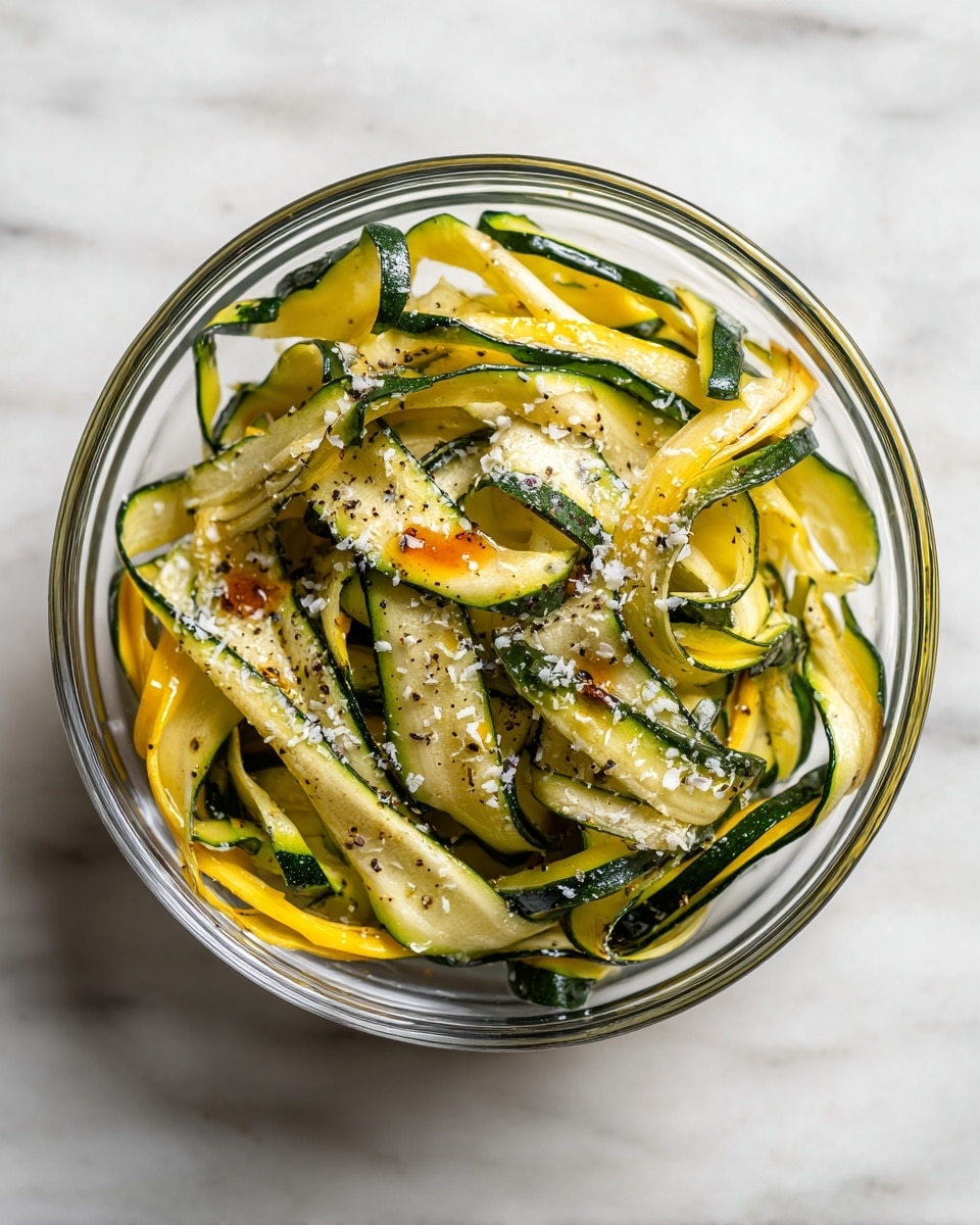 A clear glass bowl on a white marbled surface holds long, thin ribbons of light and dark green zucchini, lightly seasoned with black pepper and a small drizzle of orange-yellow oil. The zucchini strips are uneven in size and curled, creating a somewhat messy but fresh look. The top layer has visible flakes of black pepper and a sprinkling of fine white powder, likely cheese or salt, giving texture contrast to the smooth zucchini ribbons. Photo taken with an iphone --ar 4:5 --v 7