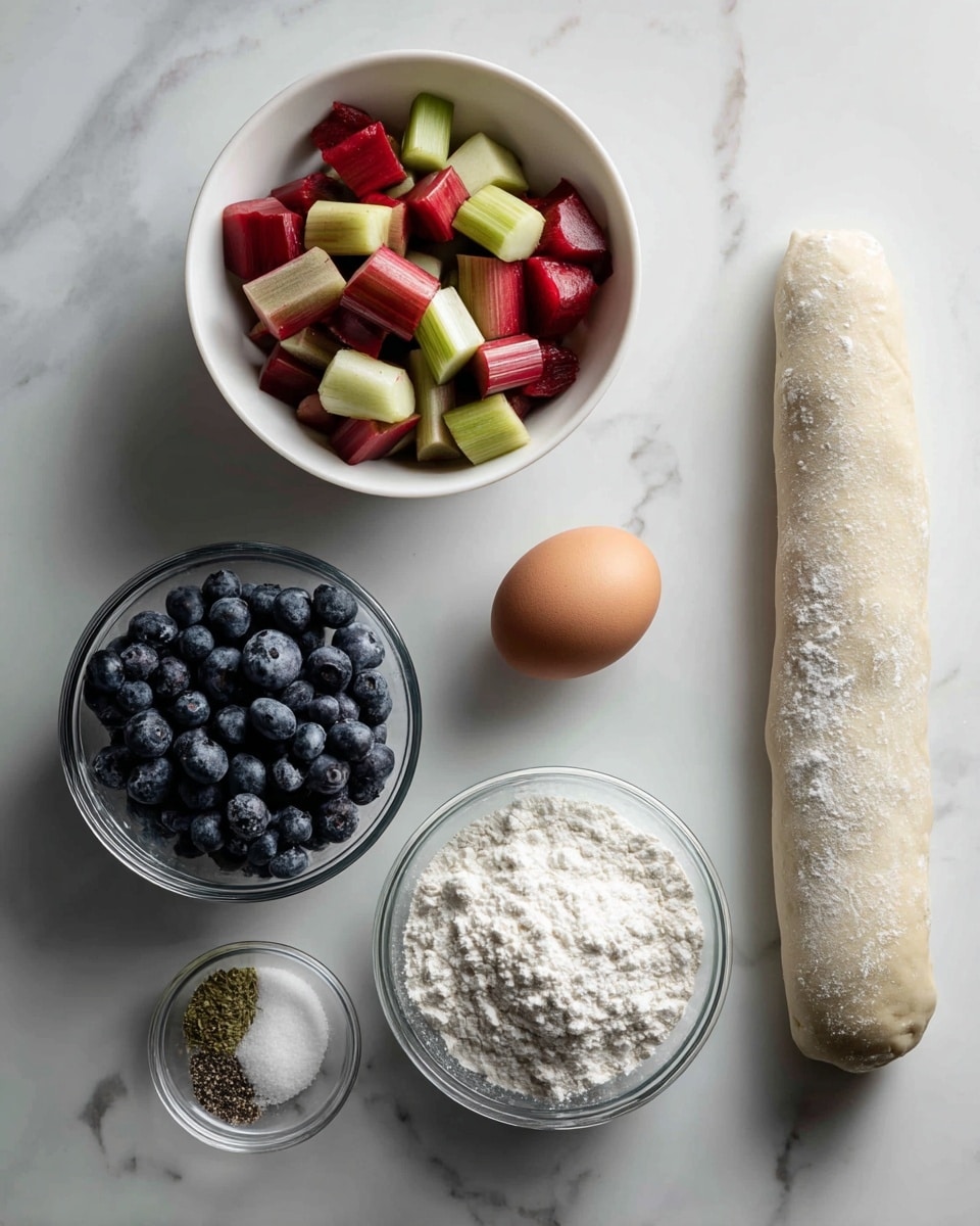 The image shows ingredients for a berry pastry arranged neatly on a white marbled surface. At the center top is a white bowl filled with chopped rhubarb pieces, showing different shades of red and green with a smooth texture. Below it to the left is a clear glass bowl filled with dark blue blueberries, round and shiny. Next to the blueberries is a single brown egg with a smooth shell. On the right side beside the egg is a white bowl holding white granulated sugar, creating a fine, grainy texture. Below and slightly to the right of the sugar is a small glass bowl with white flour and a small light scoop on top. Next to it within a small bowl are salt and black pepper, divided by color and texture. At the far right, a long, rolled-up piece of pale dough with light flour dusting rests on the white marbled surface. photo taken with an iphone --ar 4:5 --v 7