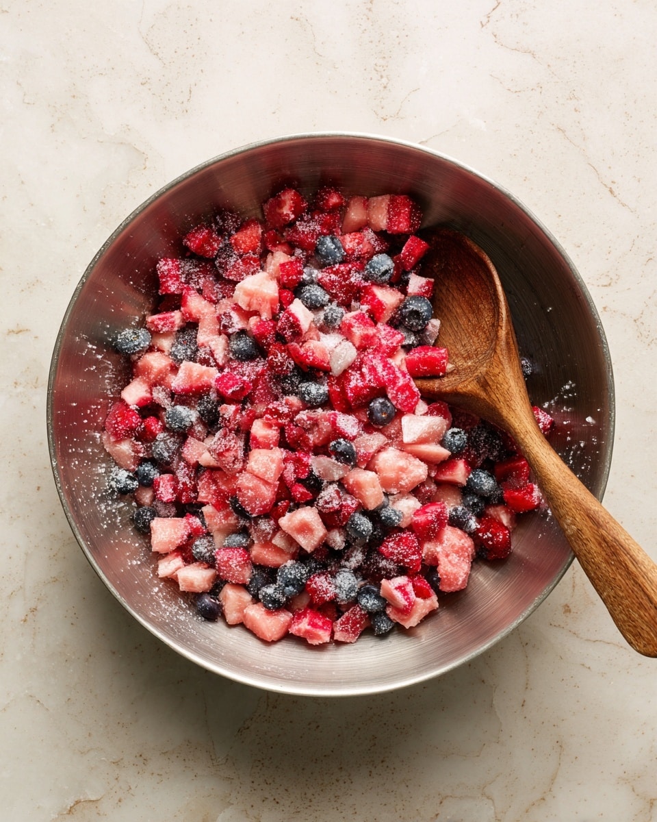 A shiny metal bowl sits on a white marbled surface, filled with small pieces of chopped fruit that are mainly pink and red with some small blue berries mixed in. The fruit is sprinkled with white sugar, giving it a slightly frosted look. On the right side inside the bowl, there is a wooden spoon resting among the fruit pieces. The top view shows the mix clearly, highlighting the different colors and textures of the fruit and sugar. photo taken with an iphone --ar 4:5 --v 7