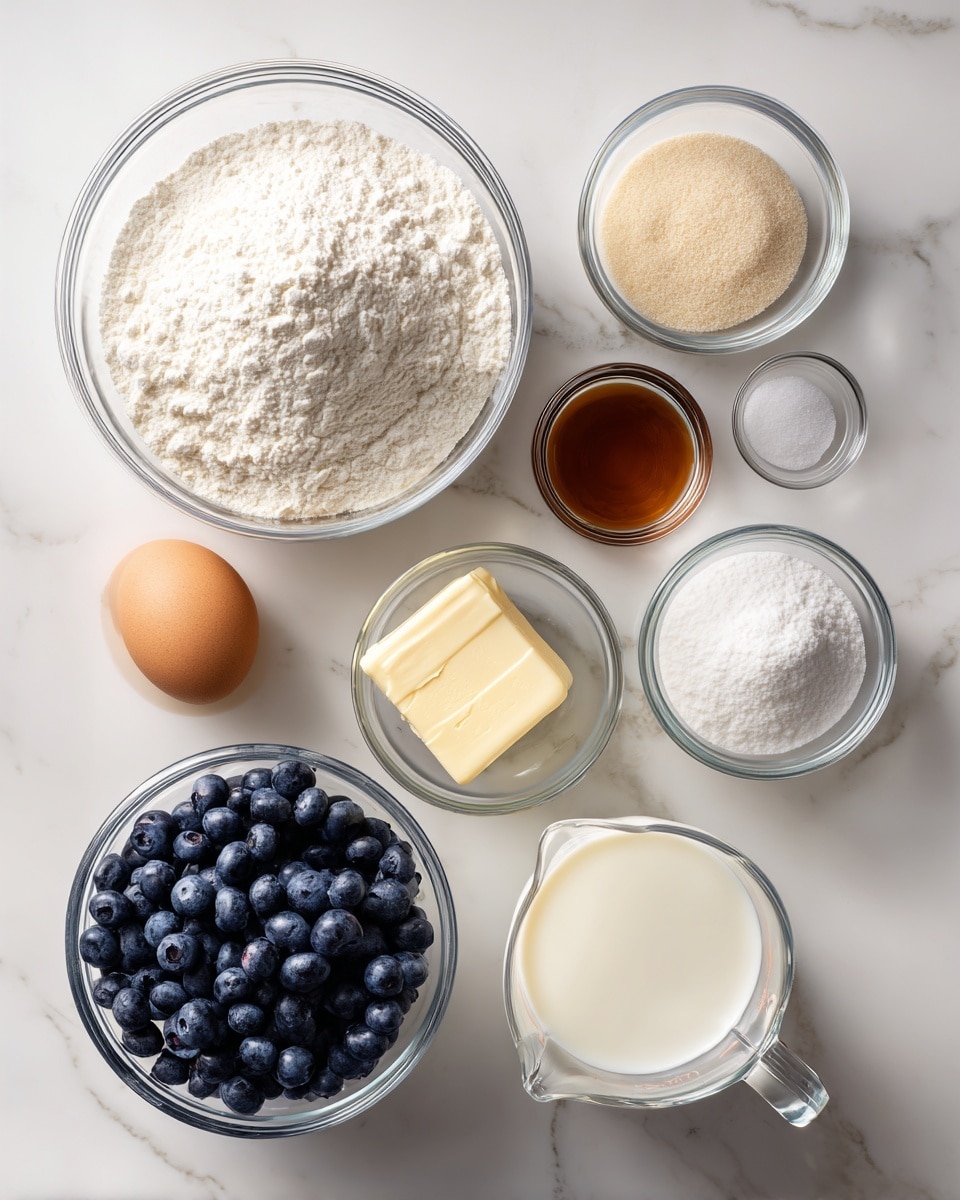 The image shows a top view of various baking ingredients placed on a white marbled surface. There is a large clear glass bowl filled with white flour at the top left. Next to it on the right are three small glass bowls, each containing white salt, light brown vanilla extract, and white baking powder. At the bottom center is a medium clear glass bowl filled with fresh, plump blueberries. To the left, there is a whole brown egg and a medium clear glass bowl of light brown sugar. Below the sugar is a small clear glass bowl holding a pale yellow stick of butter. On the bottom right, a transparent measuring cup contains white milk. All items are neatly arranged with no overlapping. Photo taken with an iphone --ar 4:5 --v 7