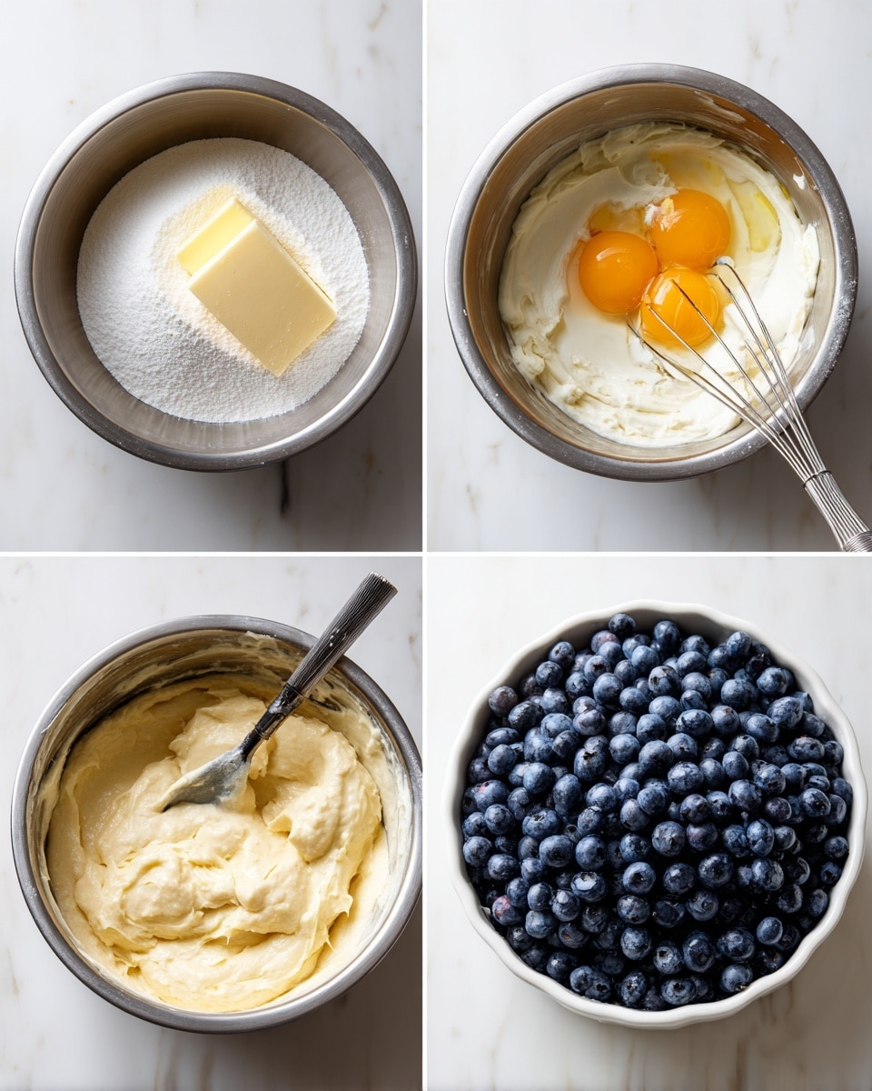 Four photos show the stages of making blueberry cake batter in a set of stainless steel bowls on a white marbled surface. The first photo shows a large silver bowl with a pale yellow stick of butter resting on top of a heap of white sugar. The second photo shows the bowl with the sugar and butter creamed together, with a raw egg with a bright orange yolk, a small pool of milk, and a splash of vanilla on top of the mixture. The third photo shows the smooth, pale beige batter in the same bowl with a spatula resting inside. The fourth photo shows a white round baking pan filled with batter spread flat, covered with a thick layer of dark blue fresh blueberries evenly scattered on top. photo taken with an iphone --ar 4:5 --v 7