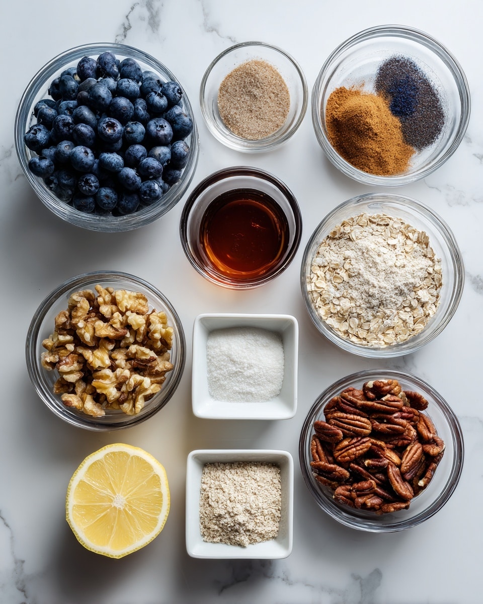 The image shows nine small clear bowls arranged on a white marbled surface, each containing different cooking ingredients. Starting from the top left is a large bowl full of fresh blueberries with a deep blue color and dry powdery coating. To the right is a small bowl with a mix of brown cinnamon powder and white salt. Below the blueberries is a bowl of smooth, light brown applesauce. Next to it is a small glass container with a dark amber liquid that looks like syrup. Below the applesauce is a bowl with chopped walnuts in light and dark brown shades. To the right of that is a white square dish holding three ingredients: white creamy powder, light brown flaxseed meal, and white cornstarch. To the right of the syrup is a large bowl of dry, light beige rolled oats. Below the oat bowl is a similar one with finely ground almond flour of a pale cream color. The last bowl at the bottom right has roughly chopped pecans of reddish-brown tone. Near the bottom left corner is a half lemon slice showing its bright yellow flesh. photo taken with an iphone --ar 4:5 --v 7