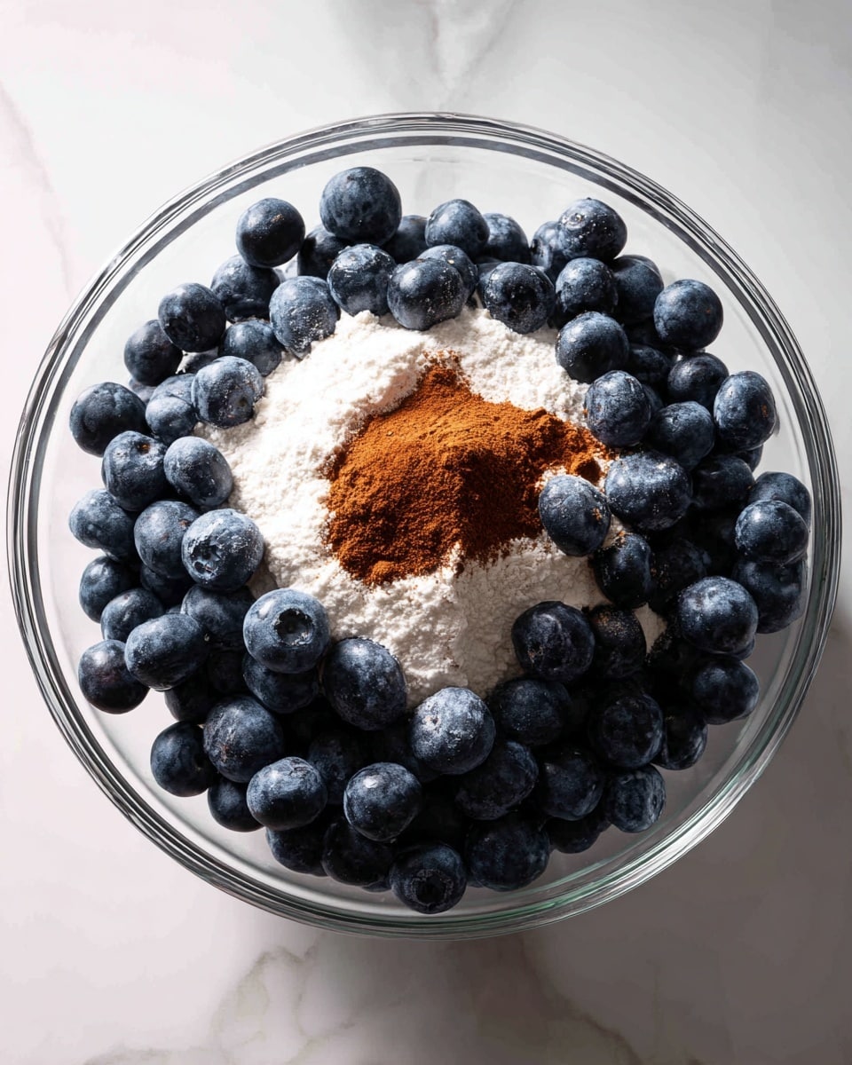 A clear glass bowl filled with a large pile of fresh, round blueberries, deep blue in color. On top of the blueberries, there is a mound of white powdery flour and a small pile of brown cinnamon powder, both resting near the center. The bowl is placed on a white marbled surface that shows smooth veins of gray. The overall image is bright and clean, focusing closely on the bowl and its contents. photo taken with an iphone --ar 4:5 --v 7