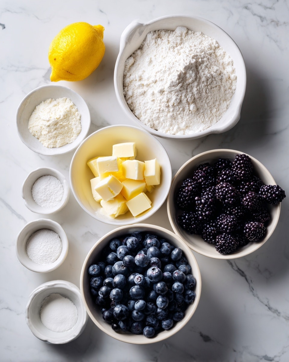 The image shows several white bowls and dishes arranged on a white marbled surface. The largest bowl at the bottom holds a pile of dark blue blueberries, their shiny texture visible. To the right, a medium white bowl is filled with dark purple-black blackberries. Above these, a larger white bowl contains white flour with a soft, powdery texture. In the center, there is a small white bowl with pale yellow butter chunks. Surrounding these are smaller white dishes containing white and light powders like sugar, salt, and baking powder. A bright yellow lemon lies on the left side, adding a pop of color. The overall look is clean and fresh, with ingredients ready to be mixed. Photo taken with an iphone --ar 4:5 --v 7
