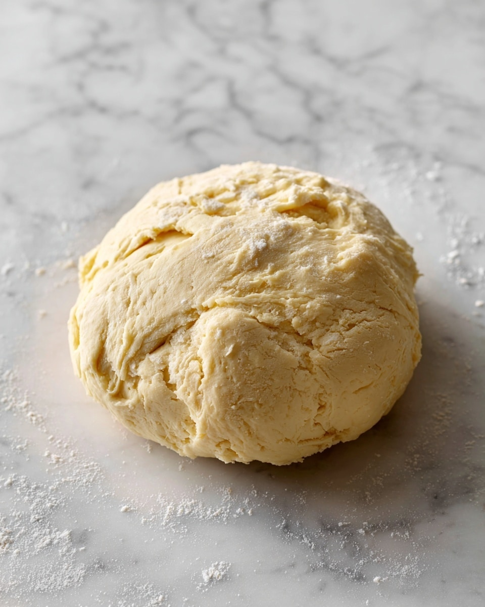 A single round dough ball sits on a white marbled surface. The dough is pale yellow with a slightly rough and cracked texture, showing small uneven bumps and subtle flour dusting. The shape is compact but uneven, with faint natural folds at the top, suggesting it was just kneaded and shaped by a woman's hand. The lighting softly highlights the dough's surface, emphasizing its soft, raw appearance. photo taken with an iphone --ar 4:5 --v 7