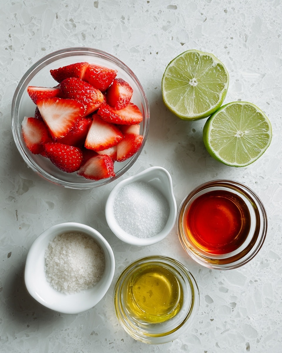 A top view shows several small white bowls and clear glass bowls placed on a white marbled surface. The largest clear glass bowl is filled with bright red, sliced strawberries with white inner parts, placed at the top left. To the right of this bowl, two halves of a green lime are placed side by side, showing the pale green flesh and central white core. Below the strawberries is a small clear glass bowl filled with coarse white salt. Next to it on the right is another small clear glass bowl filled with golden olive oil. Below those, a white small bowl contains a yellow honey-like liquid, and next to it is a small clear glass bowl with a reddish-brown liquid, adding warm color contrast. The arrangement is neat and simple with fresh, bright colors on a clean white marbled background photo taken with an iphone --ar 4:5 --v 7