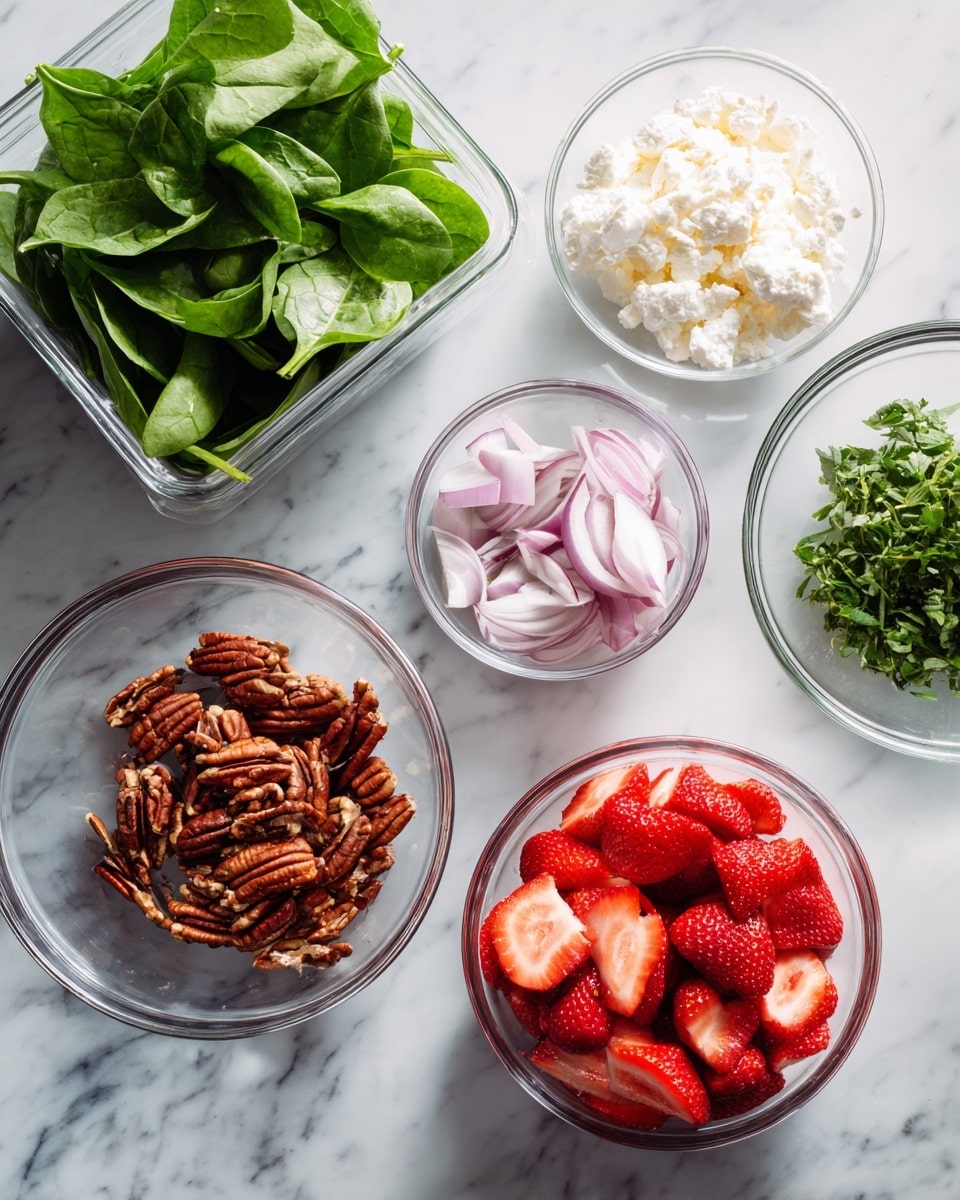 The image shows six clear glass bowls with different fresh ingredients arranged on a white marbled surface. The largest bowl at the bottom right holds a pile of bright red, sliced strawberries. Above it to the left is a smaller bowl filled with thinly sliced light purple shallots. Above that, a bowl of white crumbled cheese is placed next to a bowl of green leafy herbs on the right. To the top right, another bowl contains several brown pecan nuts. On the upper left side, a clear rectangular plastic container holds fresh green spinach leaves with visible veins. The setup is bright and fresh, with each ingredient clearly visible, photo taken with an iphone --ar 4:5 --v 7