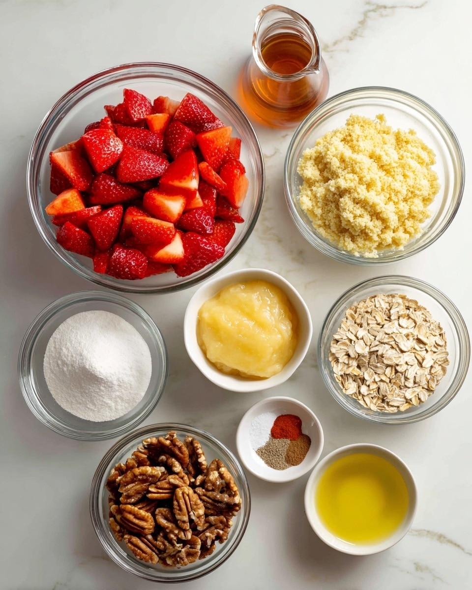 The image shows a top view of several clear glass bowls arranged on a white marbled surface, each bowl filled with different ingredients. The largest bowl on the left is full of bright red, chopped strawberries with a juicy texture. To the right of it is a bowl with a crumbly, light yellow mixture, likely almond flour, and below that a bowl with small, chopped walnuts in warm brown shades. Below the strawberries is a bowl with a smooth, pale yellow applesauce. Next to it, slightly down and center, is a white bowl filled with white powder, possibly baking powder or sugar. In the middle is a small glass jug containing amber-colored maple syrup, and a tiny bowl with cinnamon and salt in reddish-brown and white colors beside it. Lower on the right is a small bowl with light golden liquid, maybe oil, and at the bottom left and right corners are bowls filled with medium brown pecans and light beige oats, respectively. The whole setup is bright and clean, showing the raw ingredients arranged neatly photo taken with an iphone --ar 4:5 --v 7