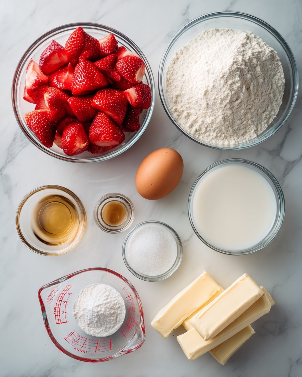 The image shows raw ingredients for baking laid out neatly on a white marbled surface. There is one whole brown egg placed near a clear glass bowl filled with bright red, cut strawberries. Nearby, another large clear glass bowl holds white flour, next to a small clear glass bowl of white granulated sugar. A small clear glass cup contains a light brown liquid, likely vanilla extract, and two light yellow sticks of butter are shown in their wrapper. Two small clear bowls contain white salt and white powder, likely baking powder or cornstarch. Close to the egg, a clear measuring cup holds a small amount of milk with red measurement markings. All items are placed separately and spaced evenly across the surface, with no mixing yet photo taken with an iphone --ar 4:5 --v 7