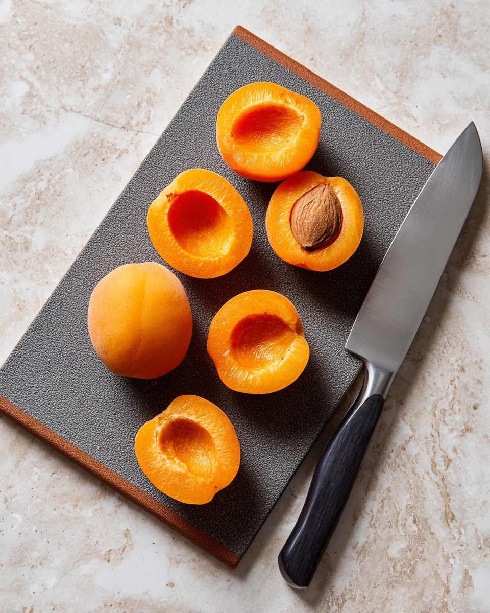 A dark gray cutting board with a light brown border sits on a white marbled surface, holding five bright orange apricot halves with their centers hollowed out, showing a textured, wrinkled surface inside each cavity. To the right of the board is a large kitchen knife with a shiny blade and a black handle resting on the white marbled surface near the edge of the cutting board. Photo taken with an iphone --ar 4:5 --v 7