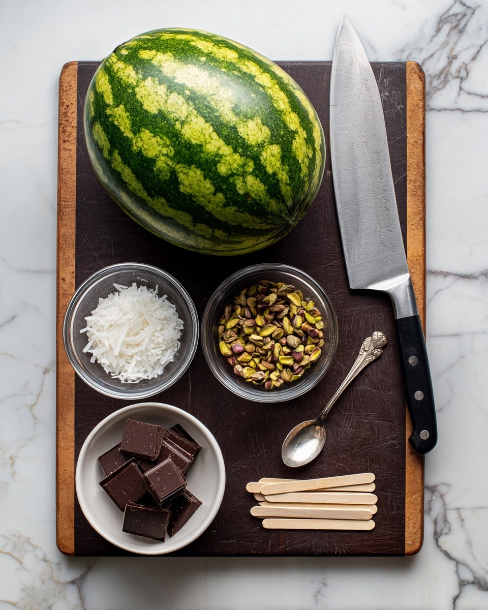 A whole watermelon with green rind and dark stripes is placed on the top left of a black cutting board with brown edges, which is set on a white marbled surface. On the cutting board, to the right of the watermelon, is a large knife with a black handle. Below the knife, there are three small glass bowls arranged in a triangular shape: one with coarse salt, one with shredded white coconut, and one with chopped pistachios. Below these bowls, a white bowl contains several pieces of dark chocolate squares. Next to the bowl is a small metal spoon, and beside the spoon are several wooden popsicle sticks arranged in a neat pile. Photo taken with an iphone --ar 4:5 --v 7