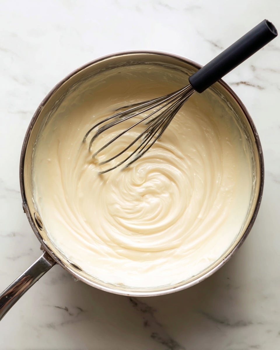 A close-up view of a smooth, creamy white mixture being stirred inside a stainless steel pot. The mixture has a soft, thick texture with swirled patterns in the center where the stirring happens. A black whisk rests inside the pot, partially covered with the mixture. The pot sits on a white marbled surface. photo taken with an iphone --ar 4:5 --v 7