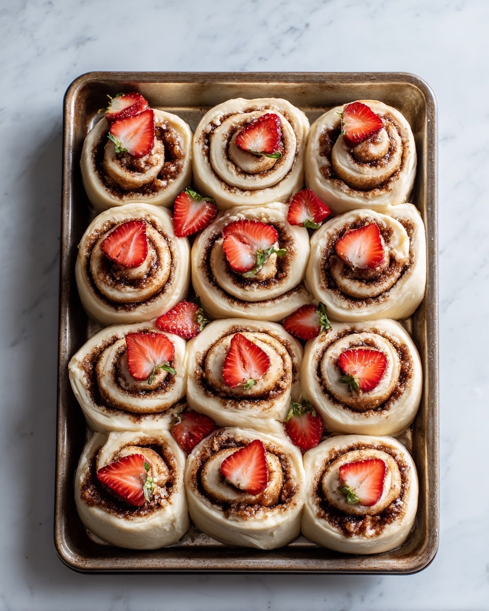 The image shows twelve raw cinnamon rolls on a baking tray, each roll made with light beige dough spiraled with a dark brown cinnamon filling. Thin slices of red strawberries are placed around the top spirals, adding bright red and white colors in contrast with the dough and filling. The rolls are arranged close together in a grid pattern, and the tray sits on a white marbled surface. The dough looks soft with a smooth texture, and the cinnamon filling has a rich, glossy look. photo taken with an iphone --ar 4:5 --v 7