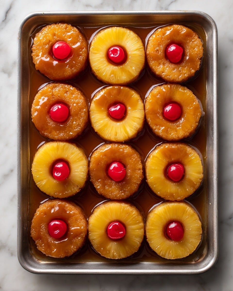 This image shows a baking tray with twelve portions arranged in a 4 by 3 grid. The top two rows have pineapple rings placed on top of caramel-colored dollops of sauce or toffee. Inside the hole of most pineapple rings, there is a bright red cherry, except for three rings in the second and third rows that have no cherries. The bottom row only has caramel-colored dollops without pineapple rings or cherries. The surface under the tray is a white marbled texture. Photo taken with an iphone --ar 4:5 --v 7