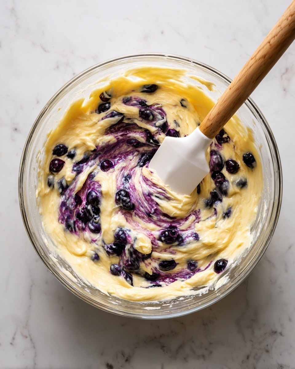 In a clear glass bowl filled with thick, creamy light yellow batter mixed with dark purple blueberries, there are visible swirls of blueberry juice blending into the batter, creating patches of purple color throughout. A white spatula with a wooden handle is partially dipped into the batter on the right side, showing some batter on its edge. The bowl is placed on a white marbled surface. photo taken with an iphone --ar 4:5 --v 7