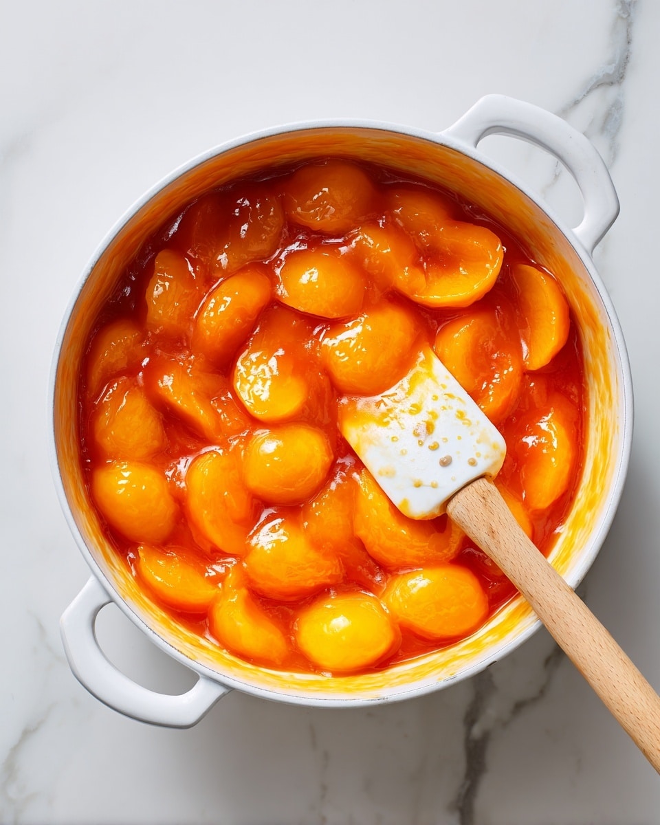 The image shows a white cooking pot filled with thick, shiny orange sauce containing soft, sliced yellow fruit pieces. The fruit slices are coated evenly in the glossy sauce, which has a smooth texture with visible small chunks. A white spatula with a wooden handle is partially inside the pot, covered with some sauce. The background is a white marbled surface. Photo taken with an iphone --ar 4:5 --v 7