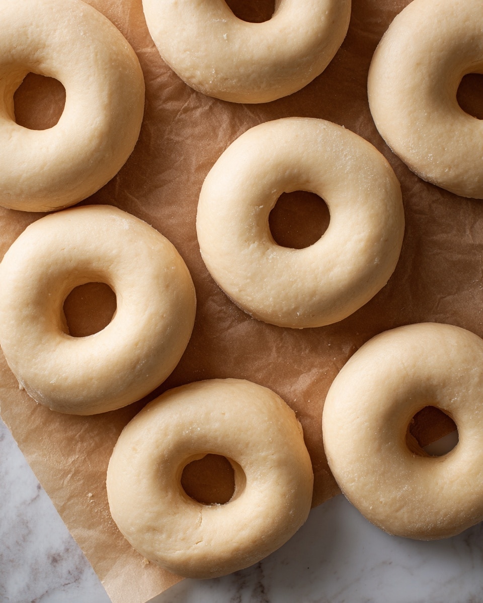 The image shows seven raw dough rings placed on individual pieces of brown parchment paper. Each dough has one clear round hole in the center, making them look like classic doughnuts. The dough surface is smooth with a pale beige color and a soft, slightly puffy texture. They are arranged over a brown textured mat that contrasts with the dough’s smoothness. The lighting highlights the fresh, soft look of the dough, with a few small flour spots on some dough pieces, all set on a white marbled texture background. photo taken with an iphone --ar 4:5 --v 7