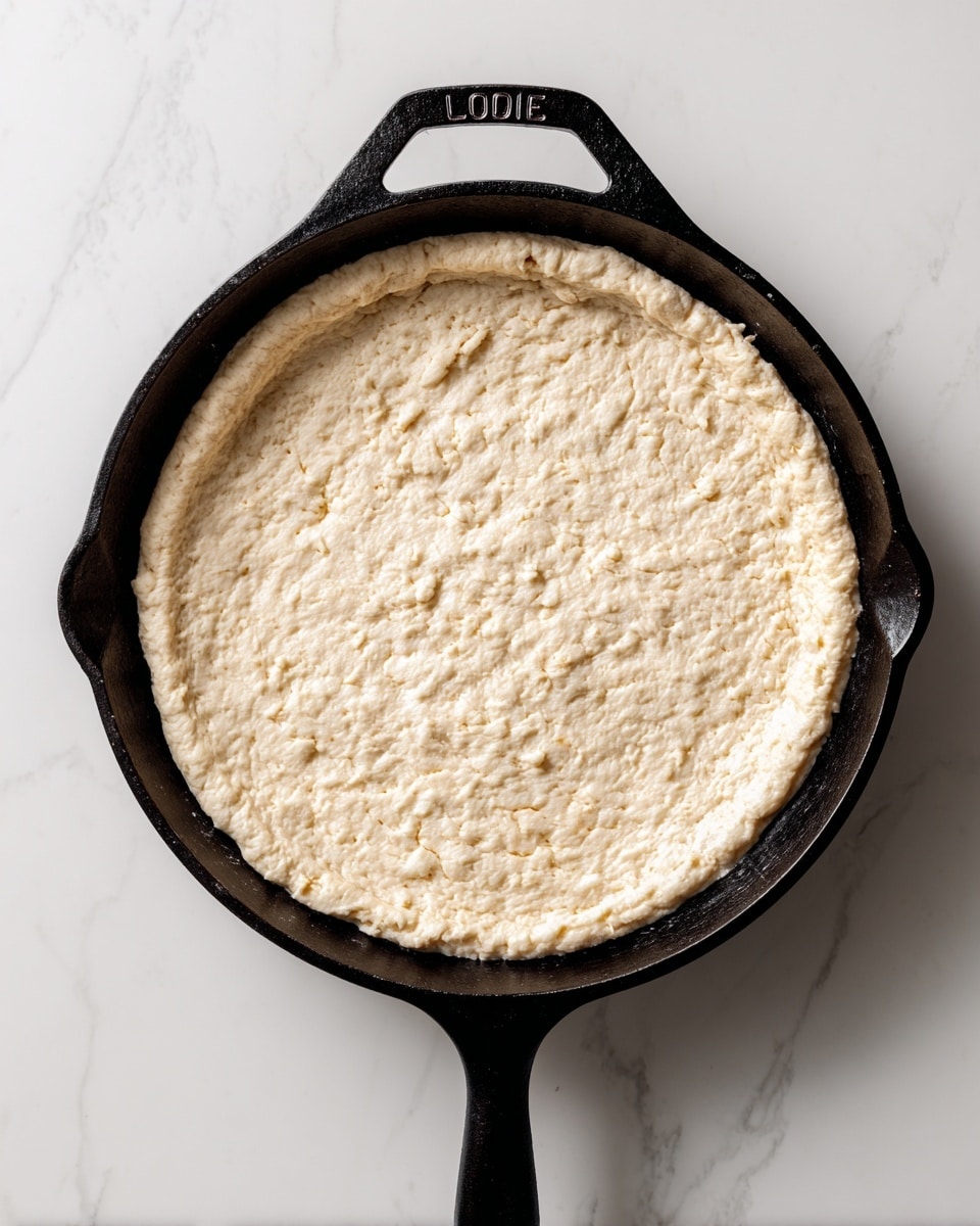 A round, light beige dough layer is stretched and placed inside a black cast iron skillet, filling most of the pan. The dough has a slightly bumpy and uneven texture on the surface, showing small dimples and soft folds. The skillet has a visible handle with the word
