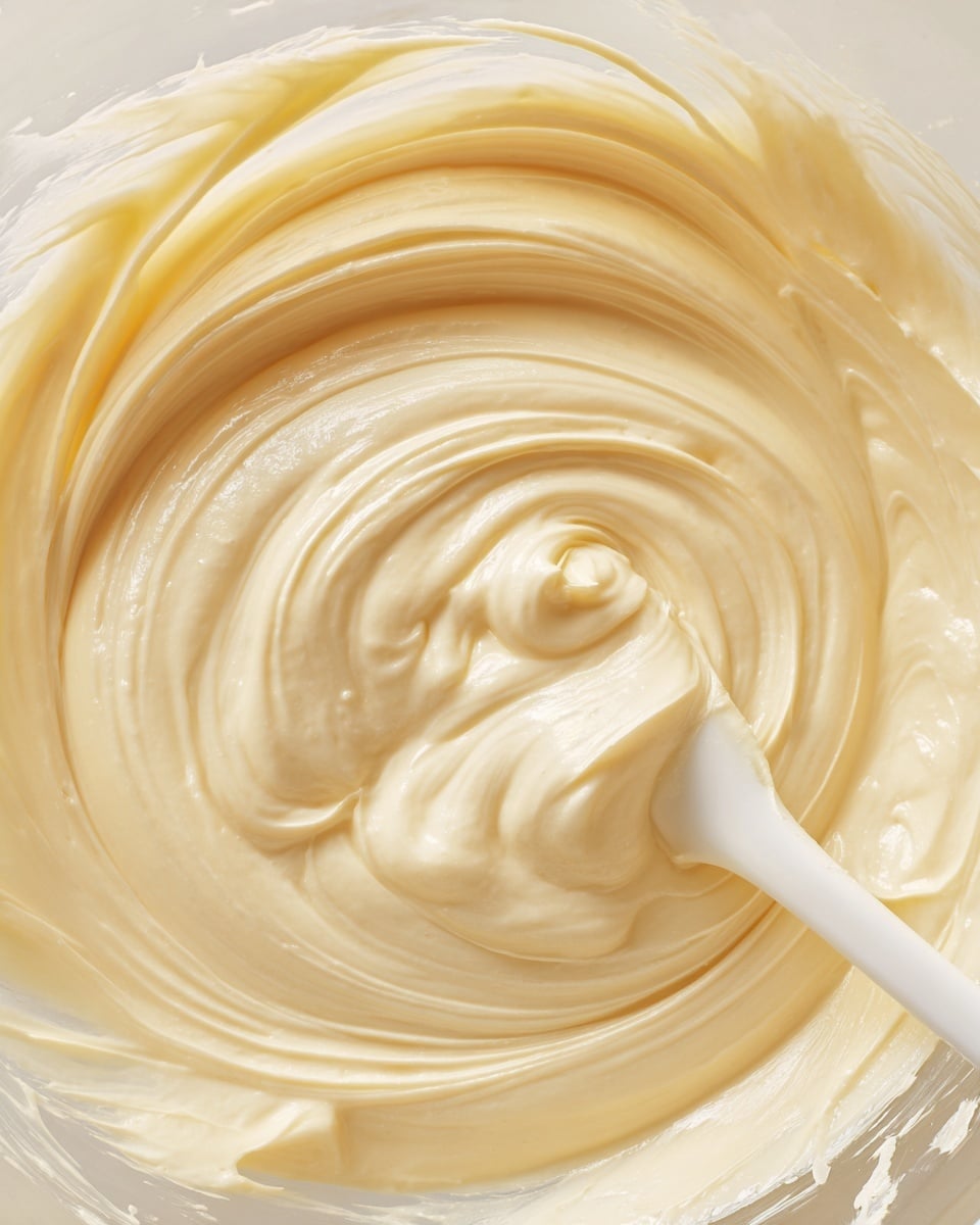 A close-up view of a smooth, creamy, pale yellow mixture in a clear glass bowl with soft swirls and gentle peaks. A white spatula slightly covered in the same creamy texture is partially visible, resting inside the bowl, showing thick, light, and fluffy consistency. The background is a white marbled texture. photo taken with an iphone --ar 4:5 --v 7