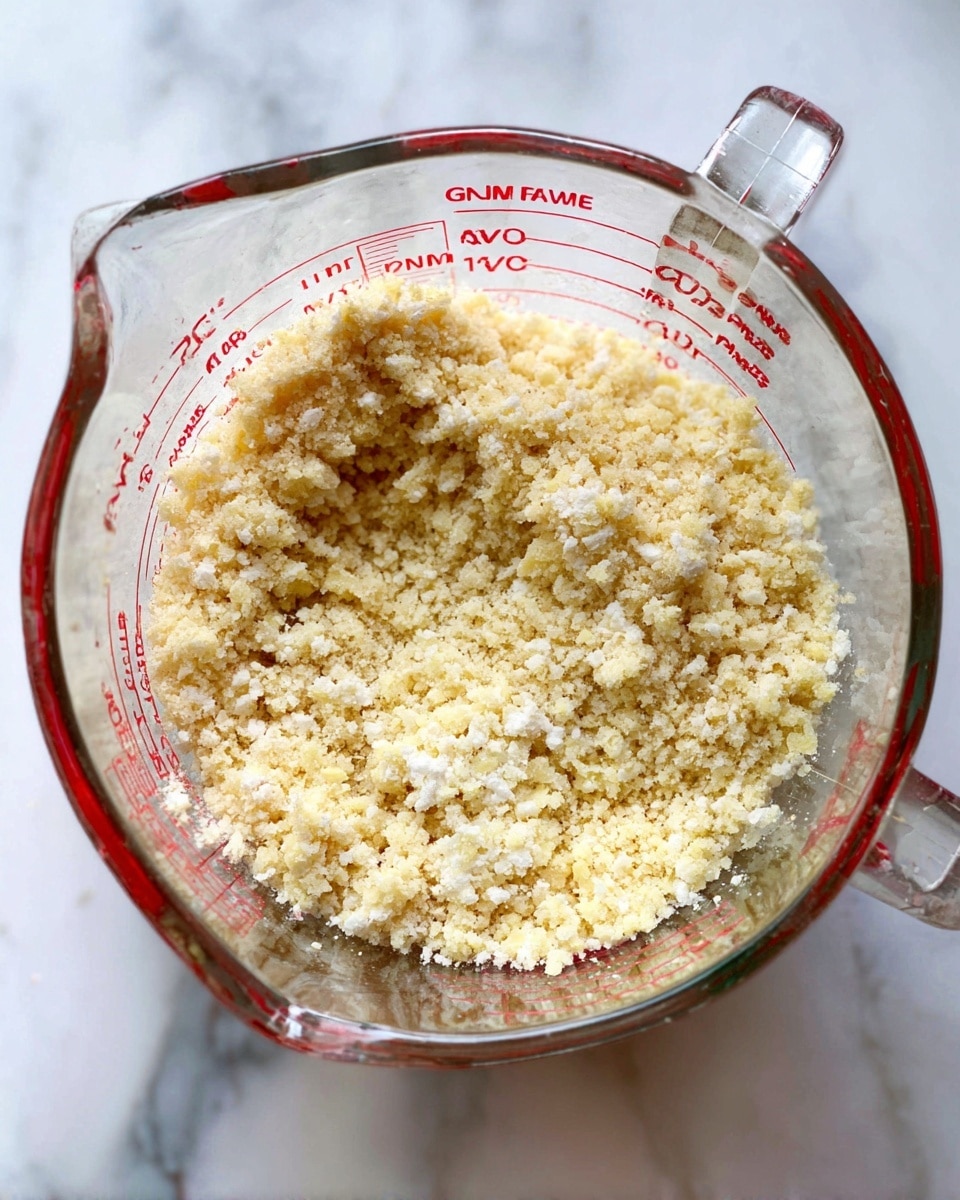 The image shows a clear glass measuring cup filled with a crumbly mixture that is light yellow and beige in color. The mixture looks grainy with small clumps inside the cup. The measuring cup has red measurement markings on the sides and is placed on a white marbled surface. Photo taken with an iphone --ar 4:5 --v 7