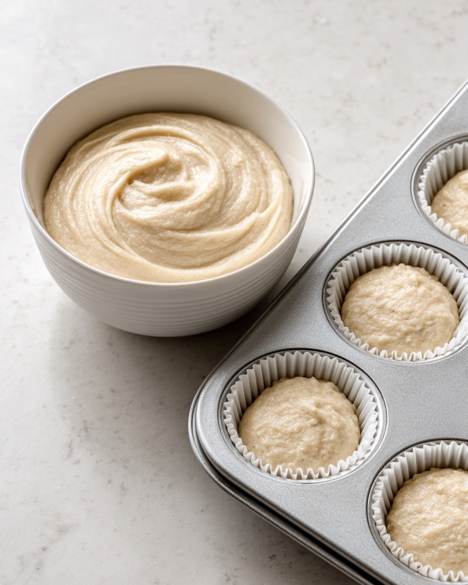 The image shows a thick, smooth, creamy batter with a light beige color in a white bowl on a white marbled surface. The batter looks well mixed with some soft swirls on the top layer. Next to it is a close-up of a metallic muffin tray with white muffin liners filled almost to the top with the same light beige batter, showing a smooth, slightly bumpy texture. The colors are soft and neutral with the shiny metal and white liners standing out. photo taken with an iphone --ar 4:5 --v 7