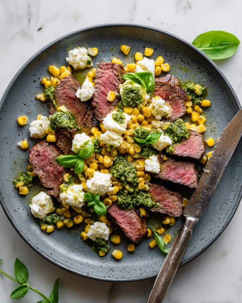 Pesto Steak with Grilled Corn and Burrata Recipe