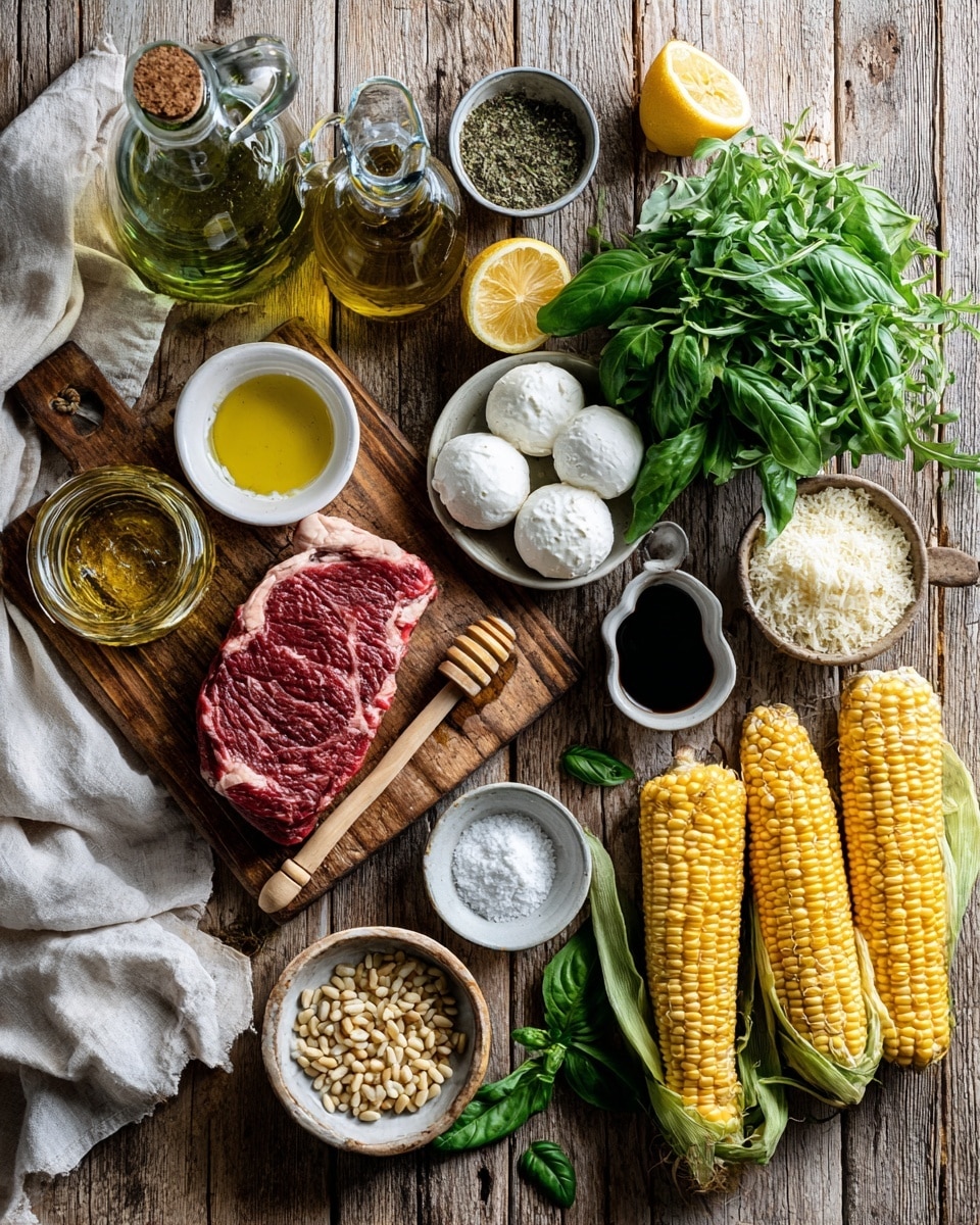 A dark gray round plate holds slices of medium-rare grilled beef arranged in a loose circle, showing a pink inside and seared edges. Scattered on top and around the beef are bright yellow grilled corn kernels and dollops of white soft cheese with a creamy texture. Vivid green pesto sauce in rough dollops is spread across the dish, alongside fresh small basil leaves adding green pops. A silver knife with a dark handle rests on the right side of the plate, all placed on a white marbled surface. Photo taken with an iphone --ar 4:5 --v 7